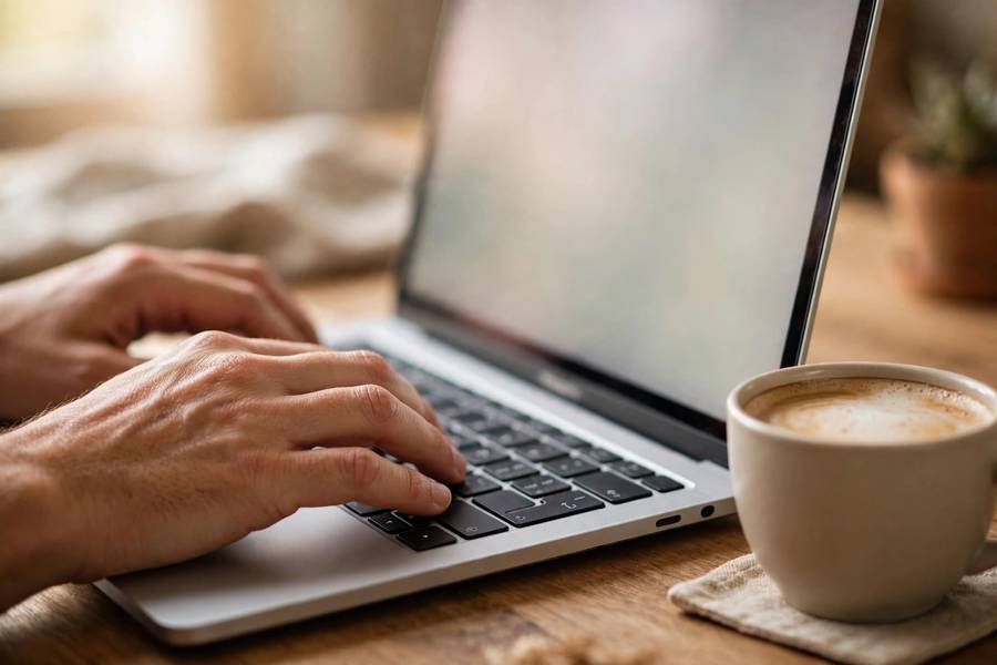Checking domain availability for a new business name on a laptop
