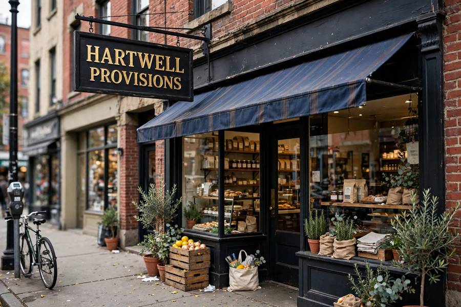 A bold storefront sign showing a memorable business name