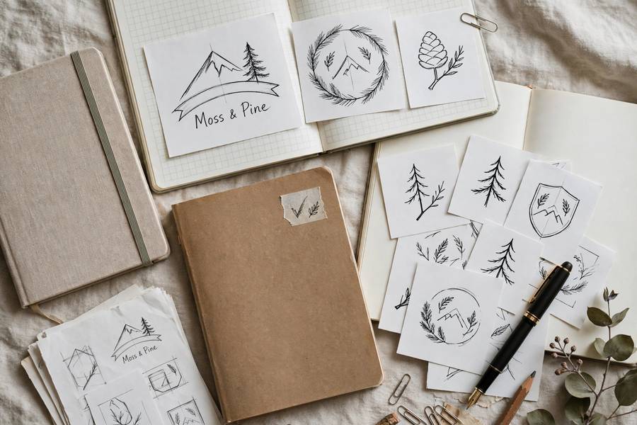 Logo sketches and notebooks from a business naming session