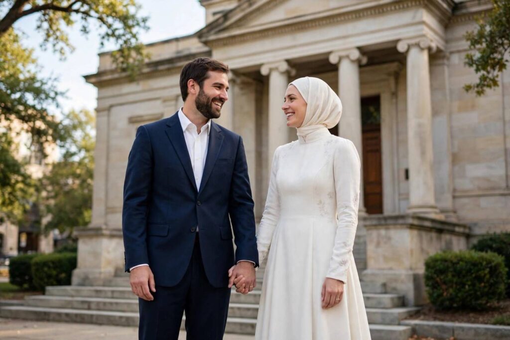 A couple in modest wedding attire holding hands outside a courthouse building