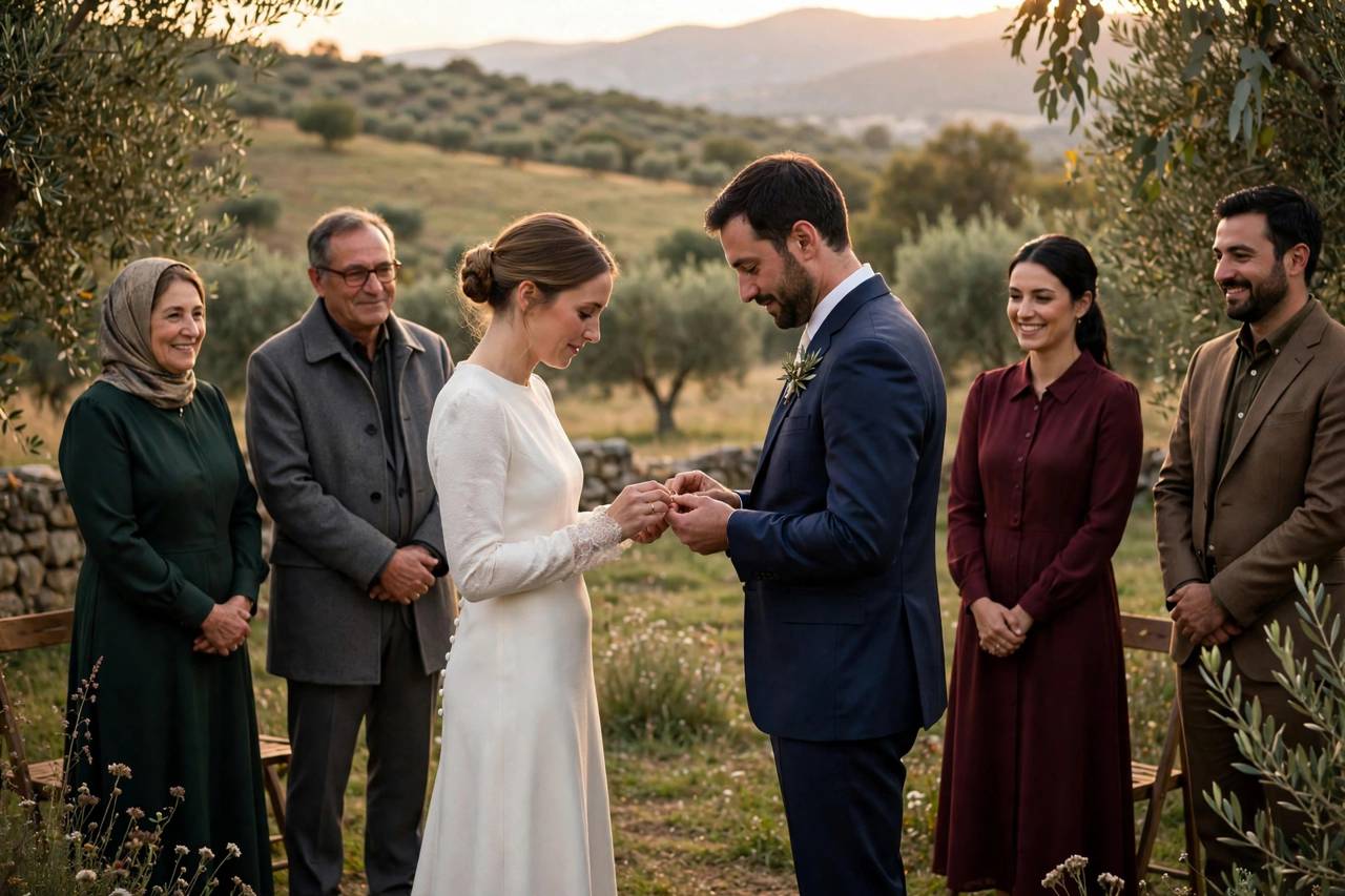 A small intimate wedding ceremony with a couple exchanging rings
