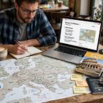 Person planning a Europe trip with map, laptop and guidebooks