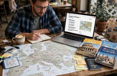 Person planning a Europe trip with map, laptop and guidebooks