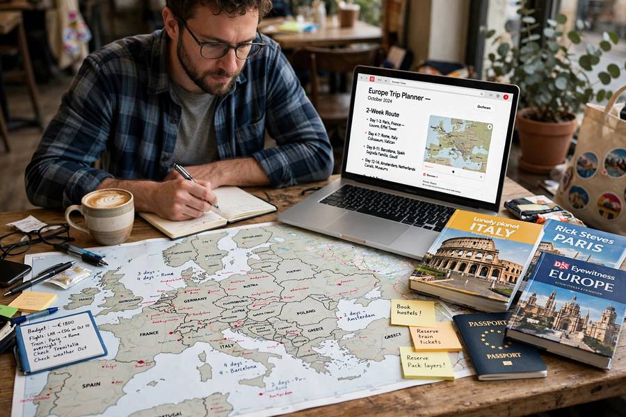 Person planning a Europe trip with map, laptop and guidebooks