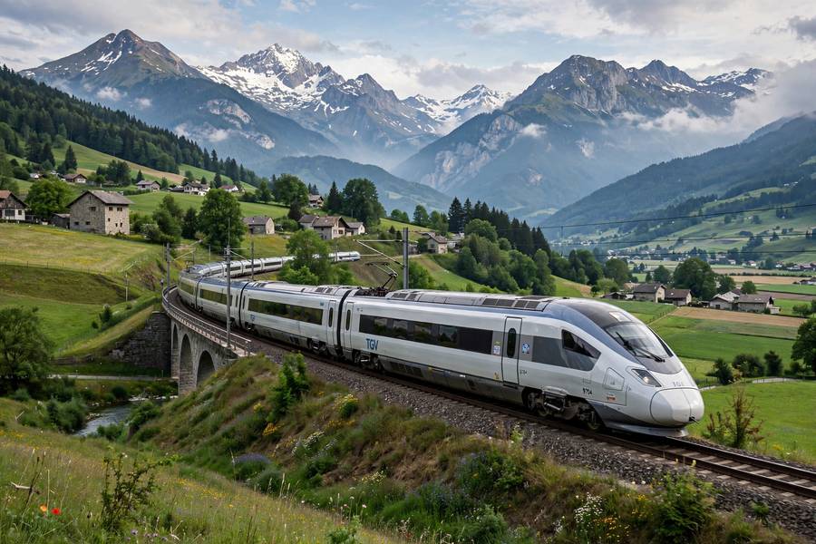 High-speed train traveling through European countryside