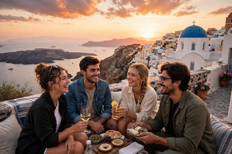 Friends enjoying sunset at a scenic European viewpoint