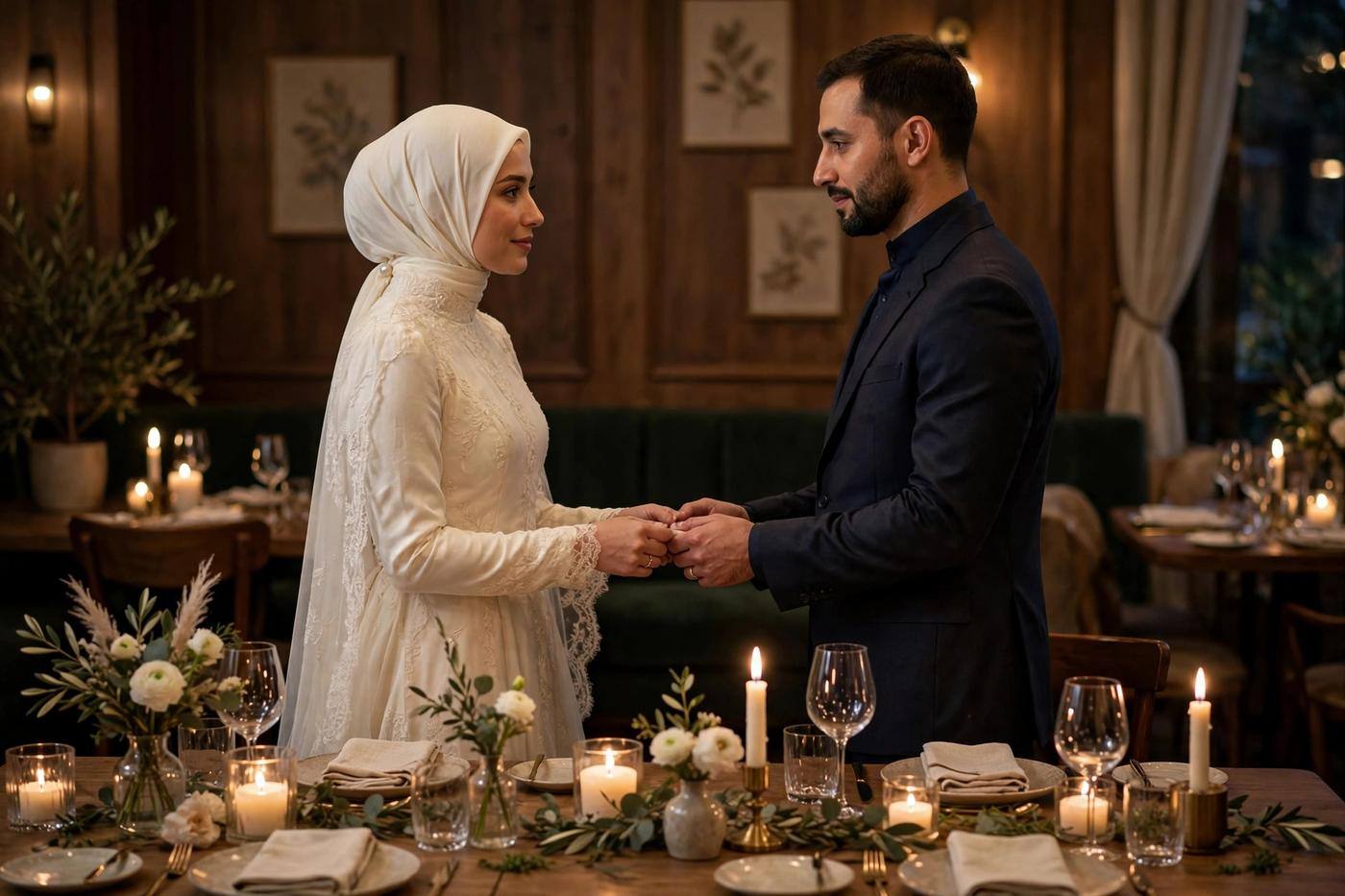 Couple exchanging vows in a candlelit restaurant private dining room set for a small wedding dinner
