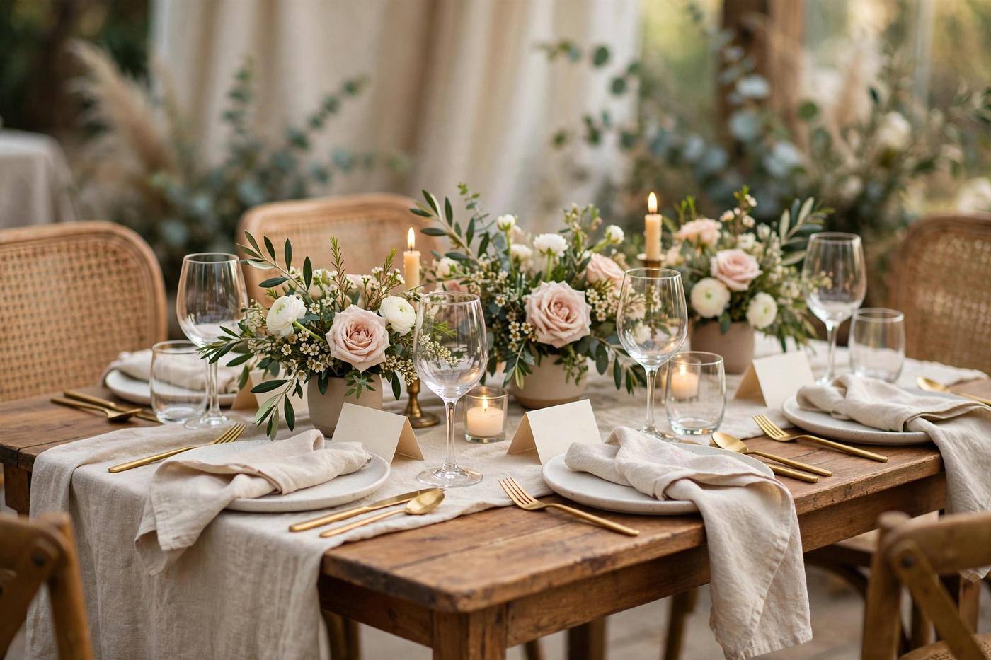 Small wedding table with low floral centerpieces and handwritten place cards for an intimate reception