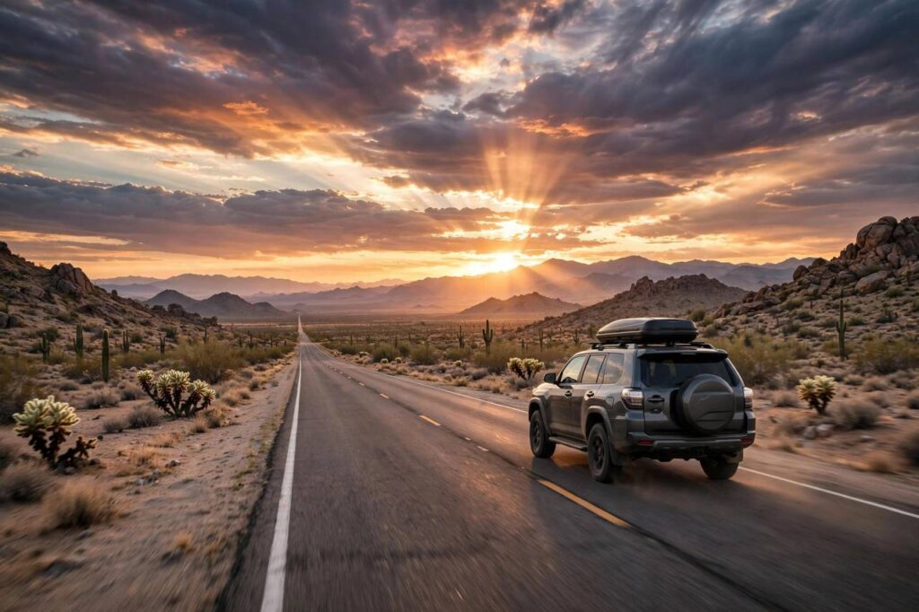 A car driving on a scenic open highway through desert landscape at sunrise