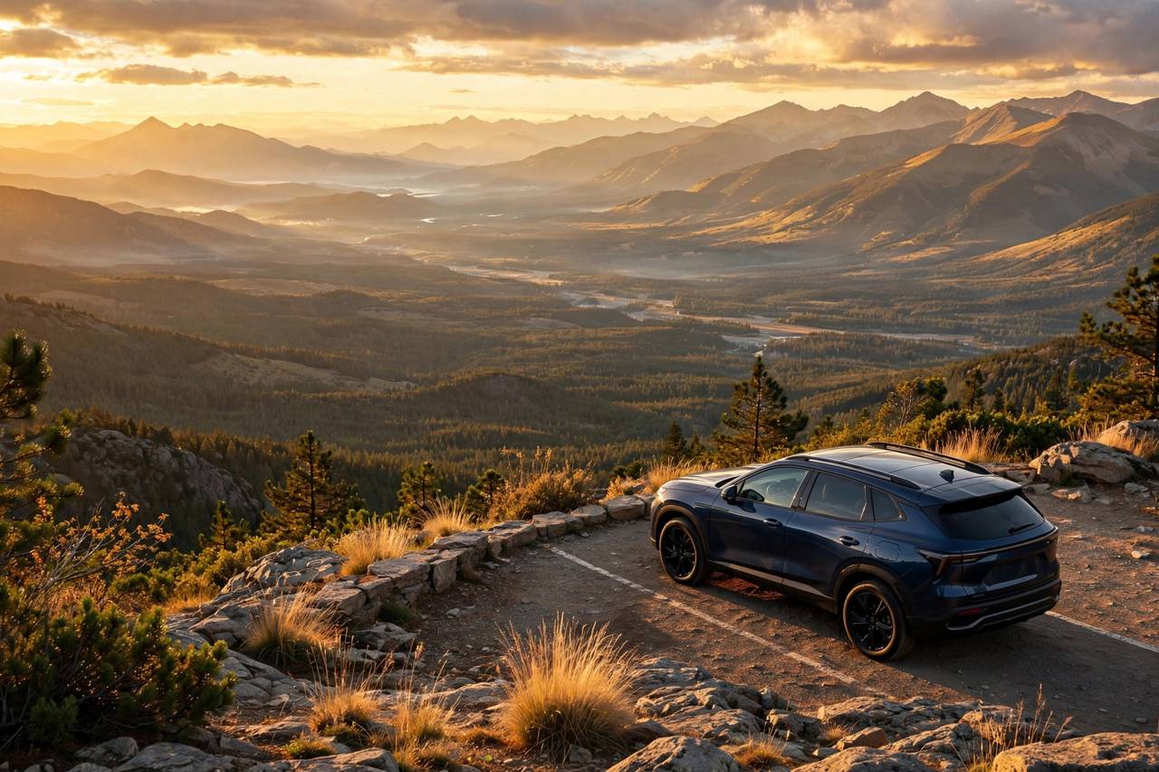 A road trip car parked at a scenic overlook with mountains in the distance