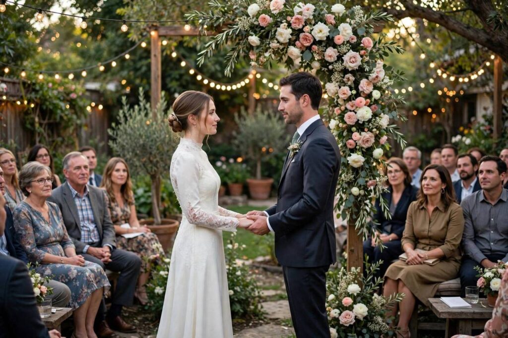 Couple exchanging vows in a flower-decorated backyard with seated guests and string lights