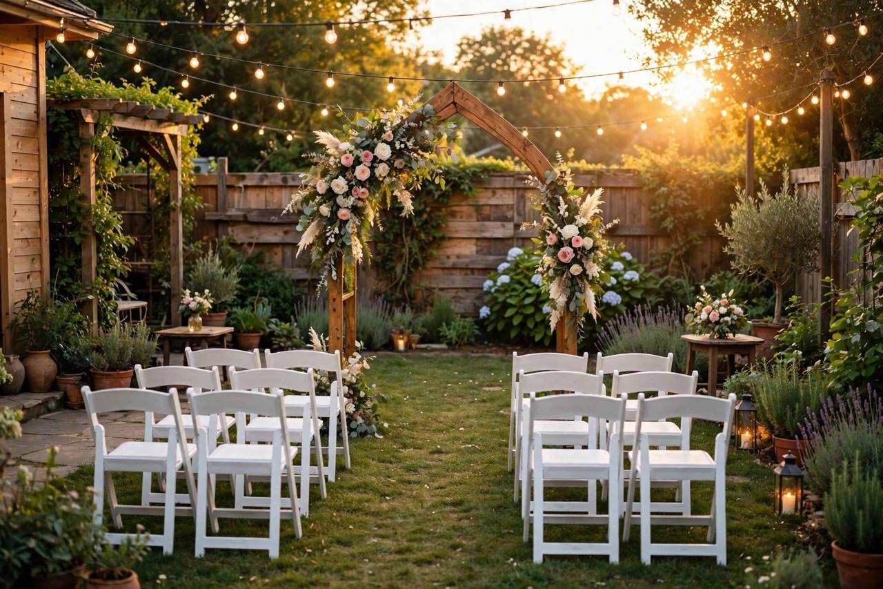 Elegant small backyard wedding ceremony setup with white chairs, floral arch and string lights at golden hour