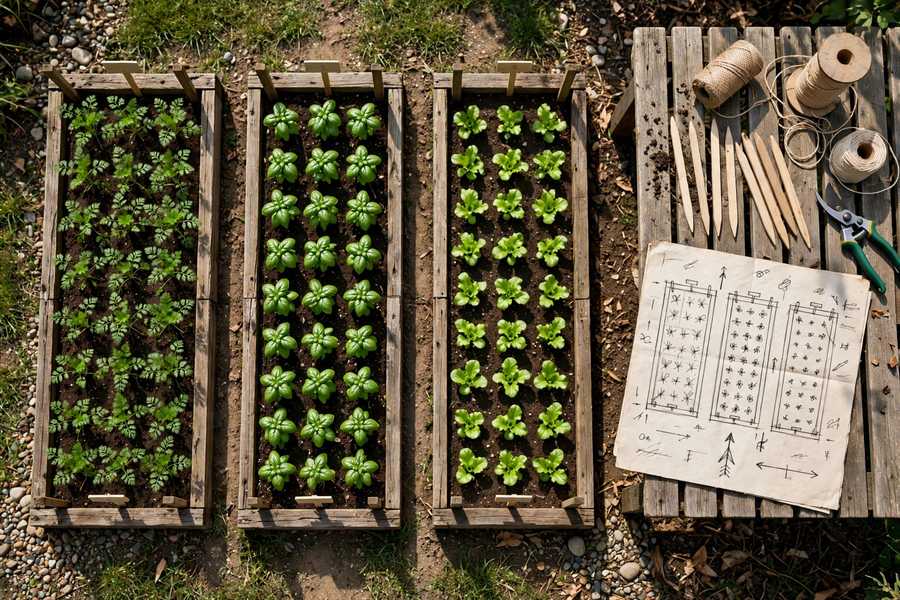 Small backyard garden with vertical trellises of beans and cucumbers maximizing a narrow space