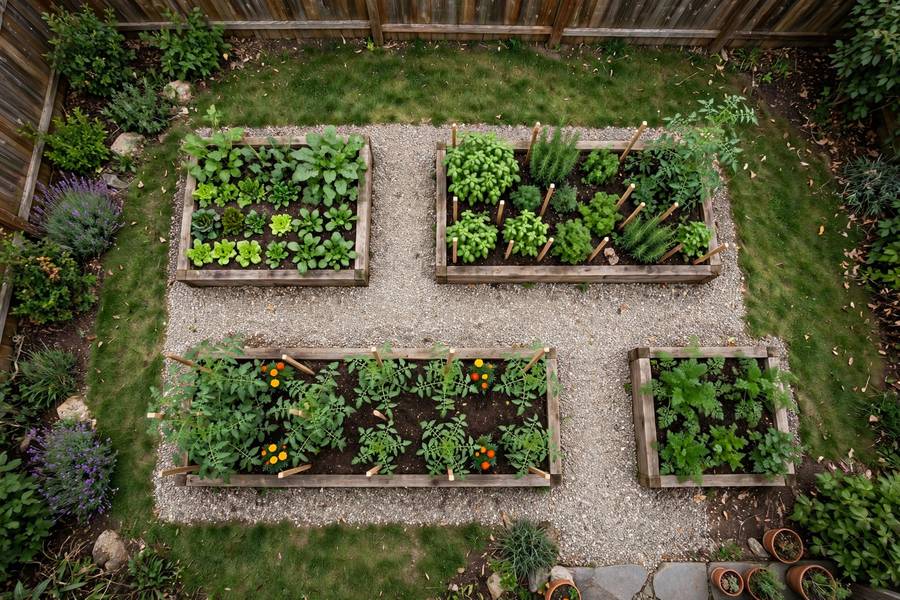 Hand-drawn small garden plan sketch on graph paper with a ruler and pencil