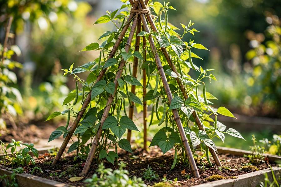 Pole beans climbing a bamboo teepee trellis in a small sunny garden bed