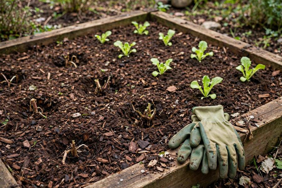 Young lettuce seedlings succession-planted in mulched soil where earlier crops were harvested