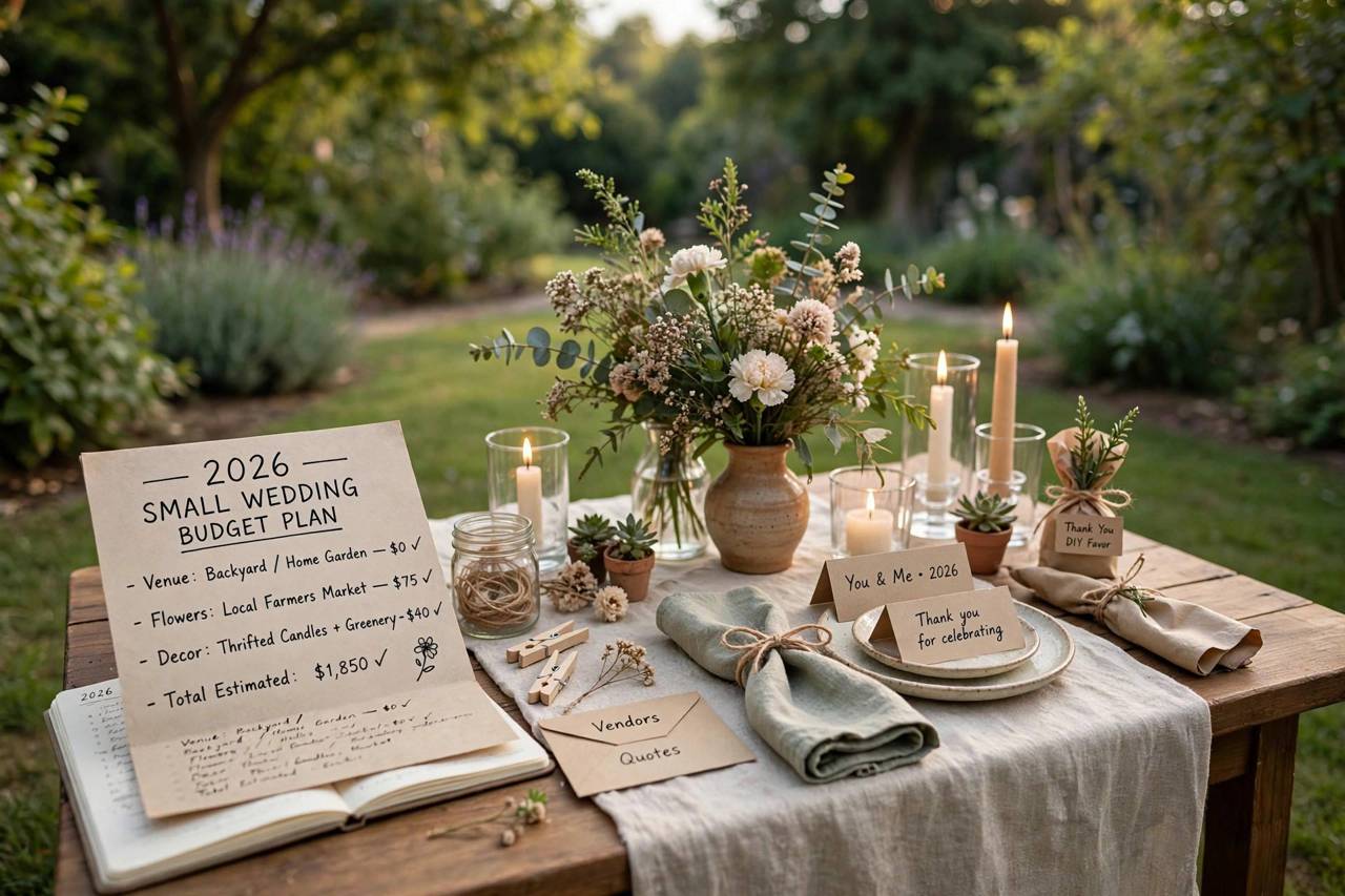 Small wedding table setting with flowers and candles for an intimate reception