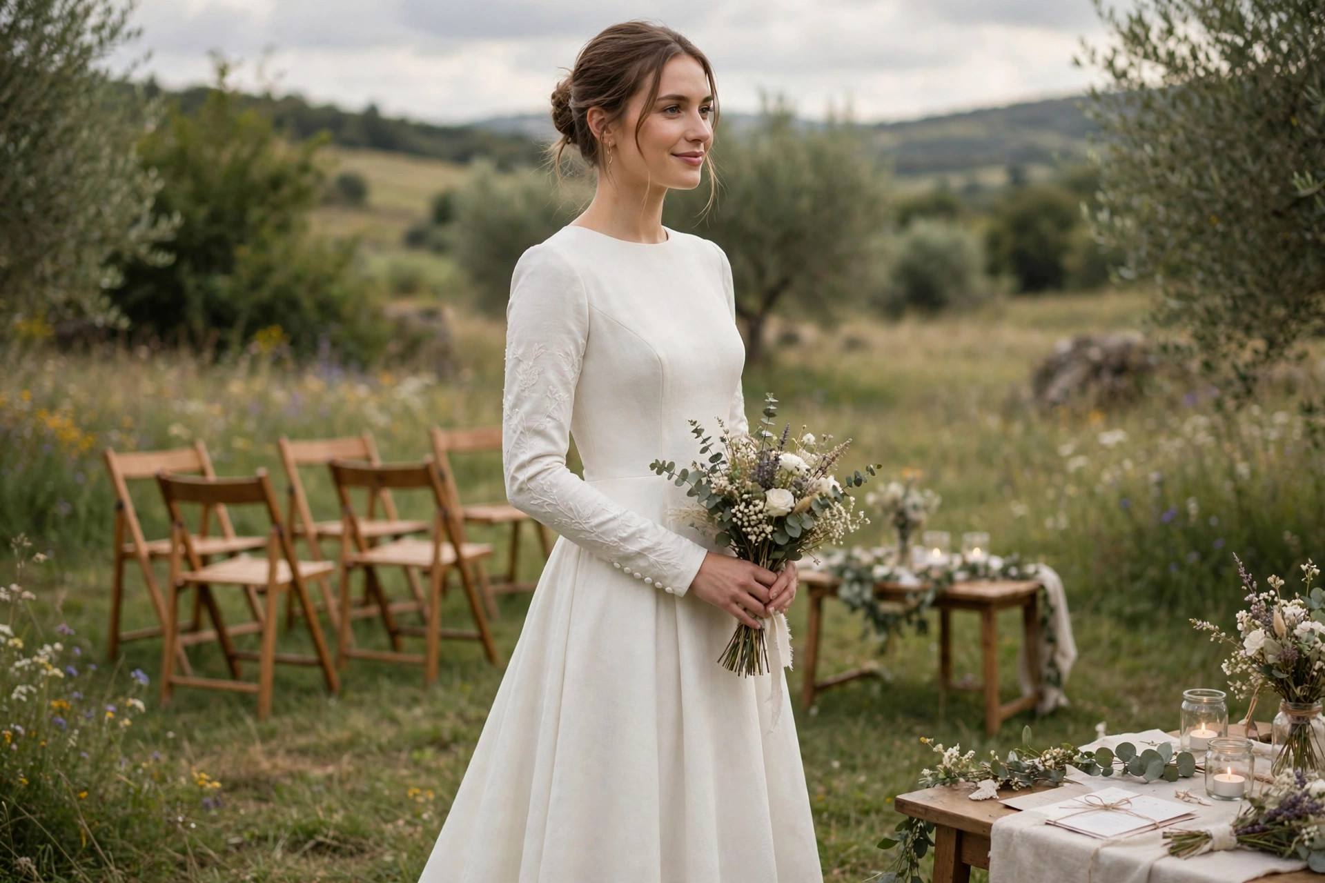 Bride in an elegant modest wedding dress holding a small bouquet