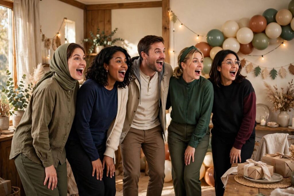 Group of friends shouting surprise at a decorated party room, joyful celebration, modest dress