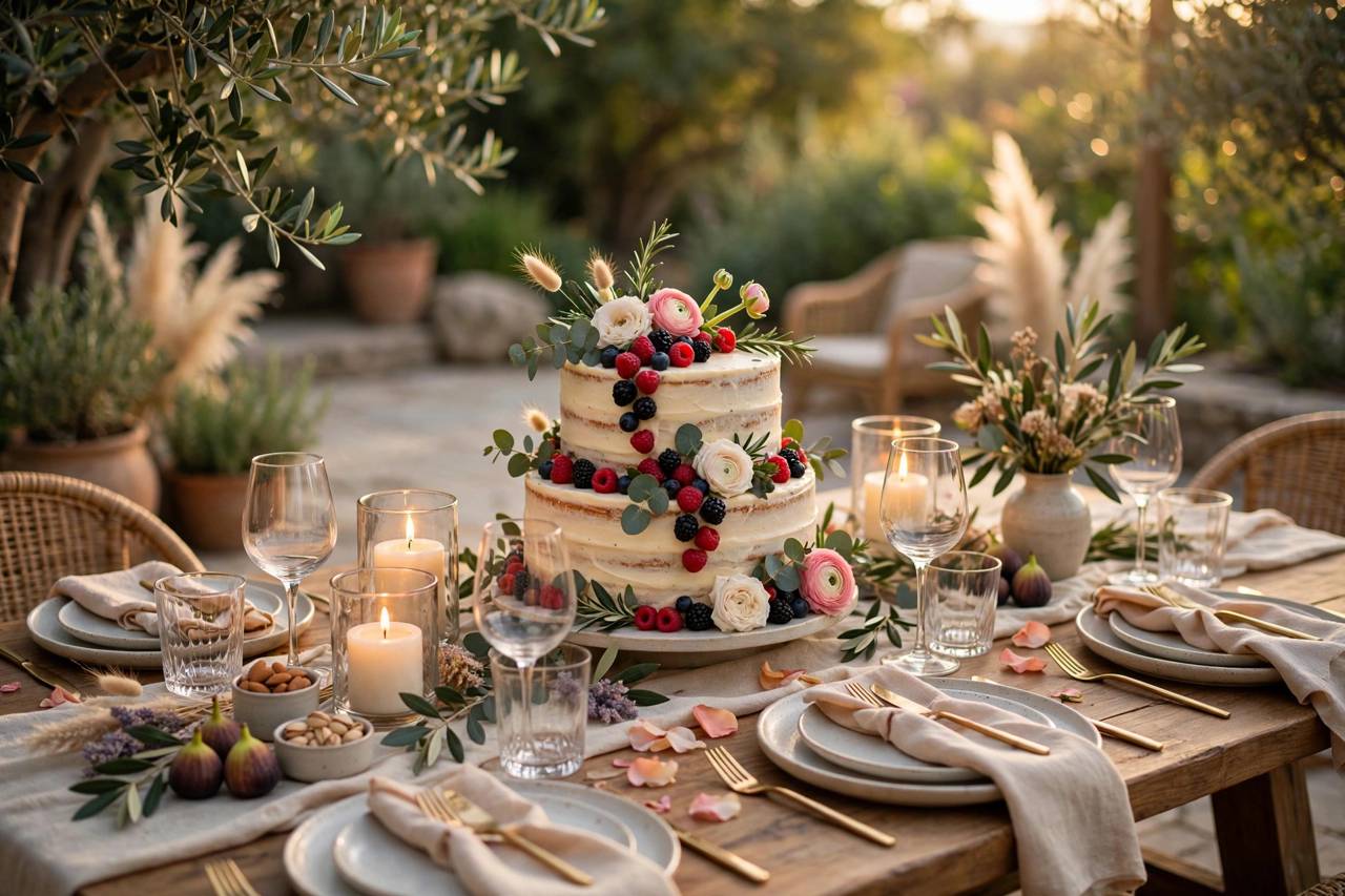 Elegant party table with cake and decorations before guests arrive, warm lighting