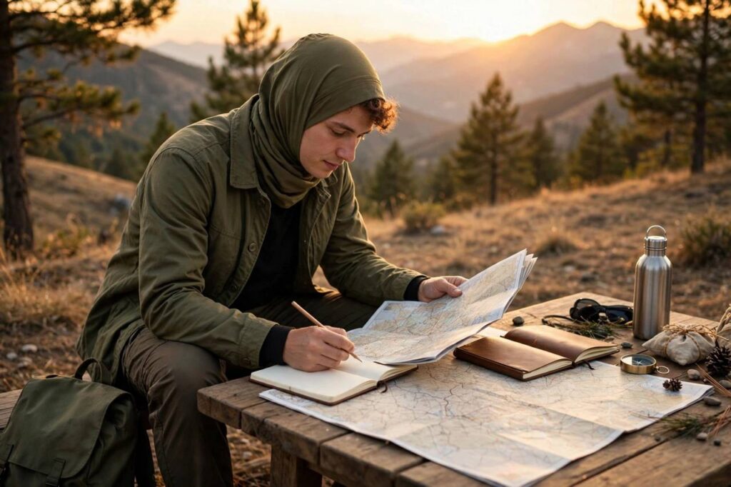 A traveler in modest clothing planning a trip itinerary with a paper map and notebook