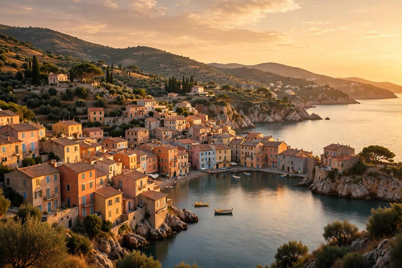 A scenic coastal town at golden hour with no people, ideal travel destination