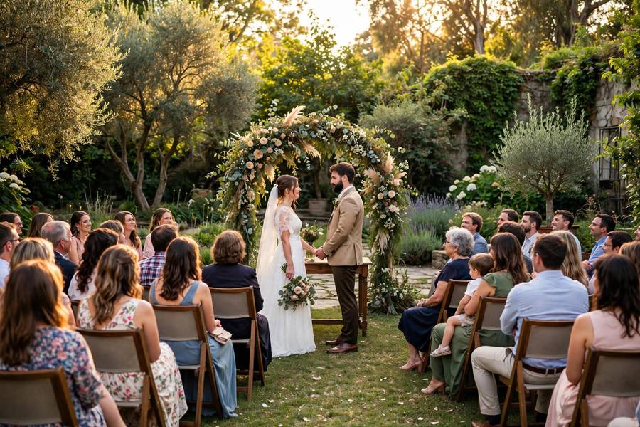 An outdoor garden ceremony — the payoff of knowing how to plan a wedding step by step
