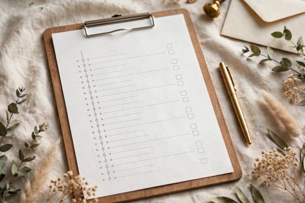 A wedding day timeline schedule on a clipboard with a pen