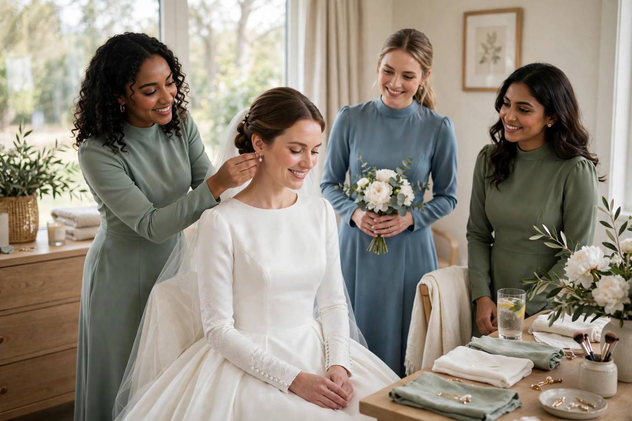 A bride in modest wedding attire getting ready with her wedding party in the morning