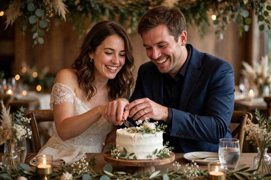 Couple cutting a small wedding cake