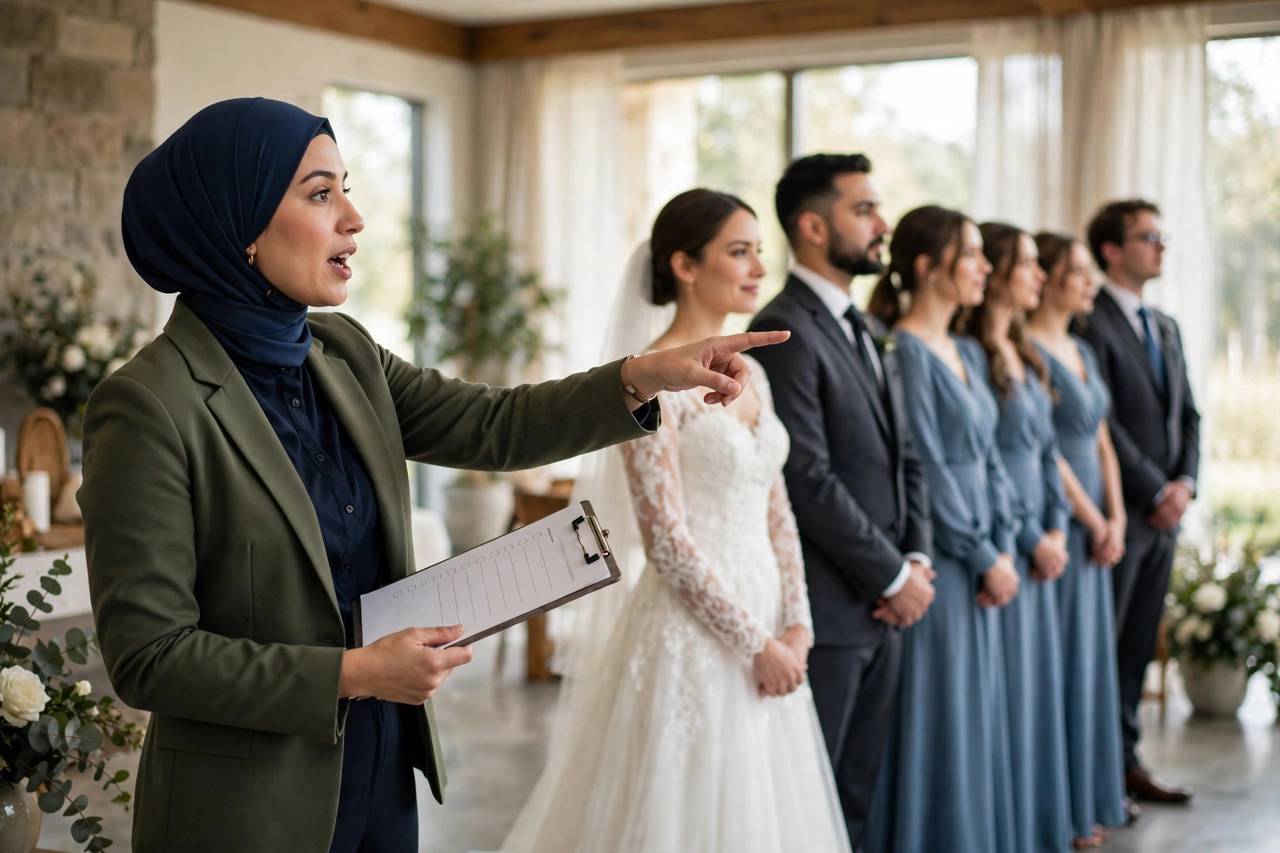 Wedding coordinator holding a cue sheet while directing the wedding party lineup