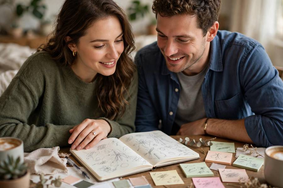 Couple planning wedding with checklist