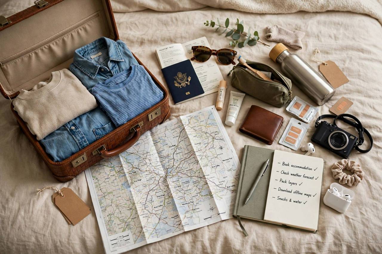 Weekend getaway packing scene with a small suitcase, map, and travel essentials on a bed