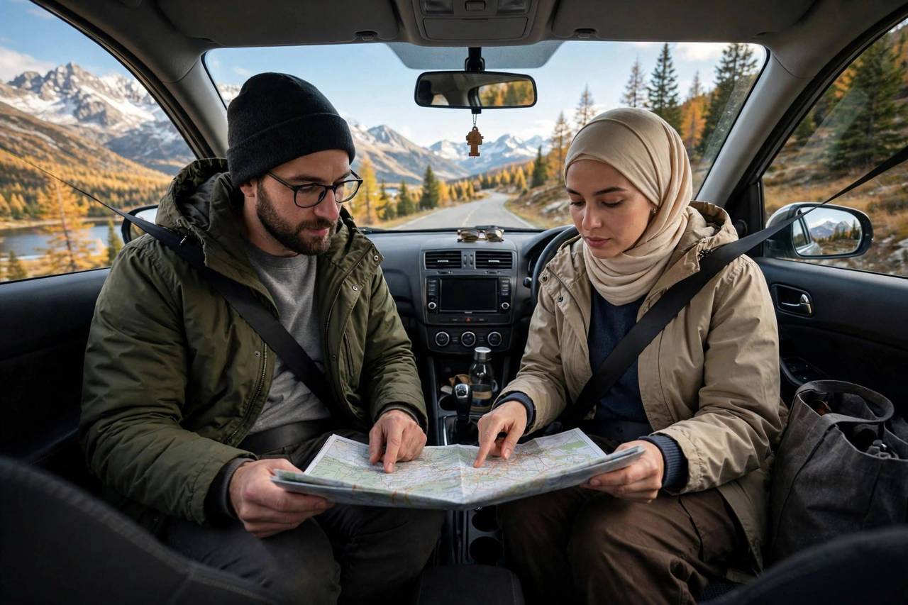 Couple looking at a paper map while driving on a scenic weekend road trip