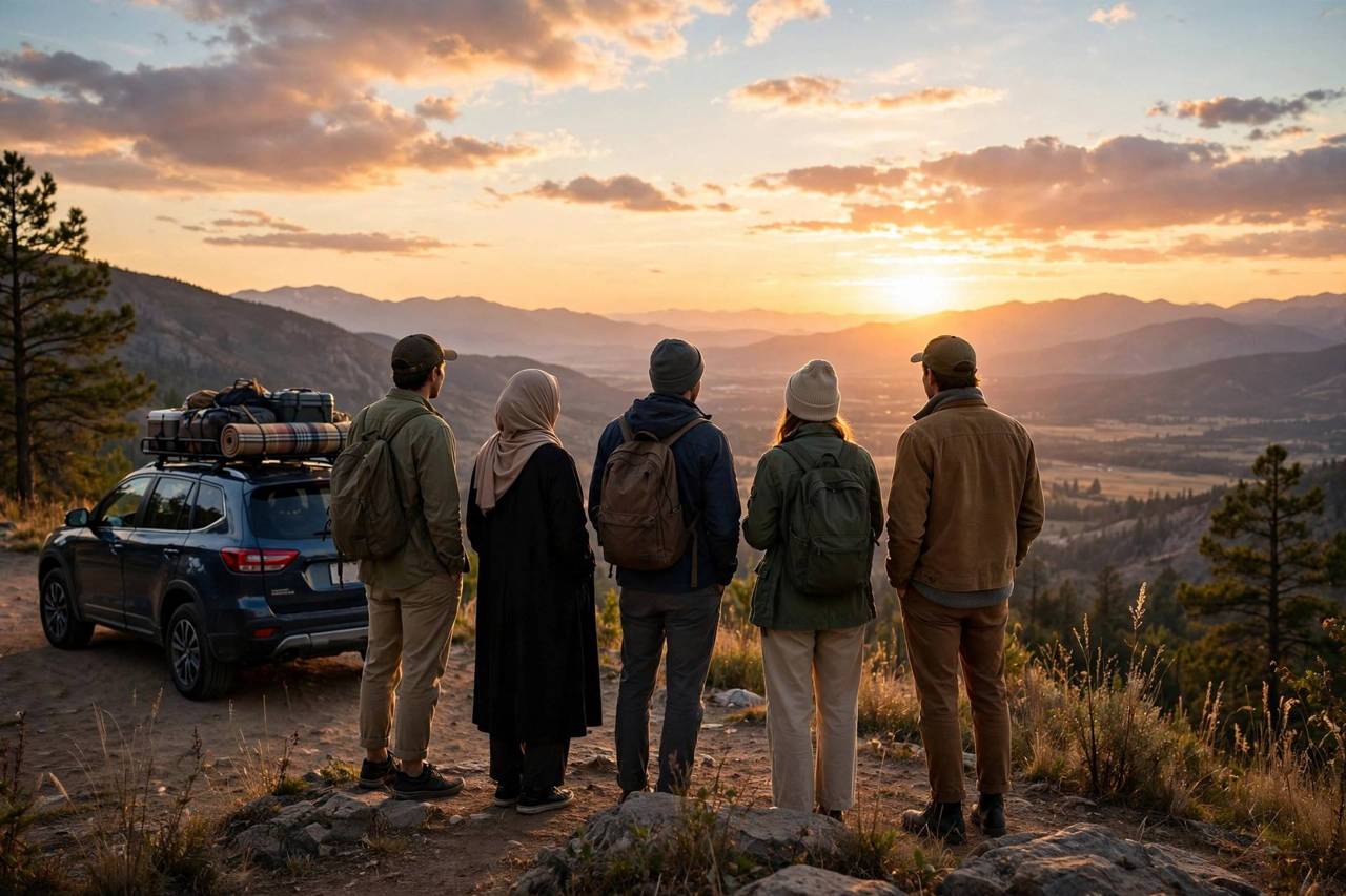 Group of friends watching sunset together on a road trip