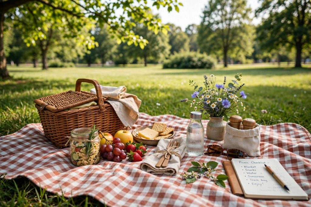 Picnic basket on a checkered blanket in a sunny park