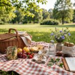 How to Plan the Perfect Picnic (Without Any of the Stress) Picnic basket on a checkered blanket in a sunny park