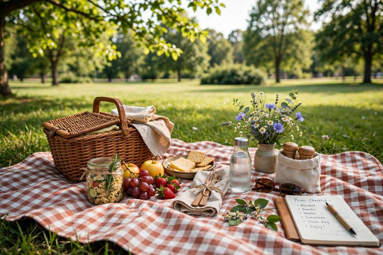 Picnic basket on a checkered blanket in a sunny park