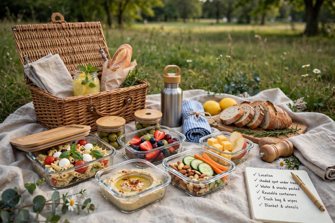Picnic food packed in containers and a wicker basket