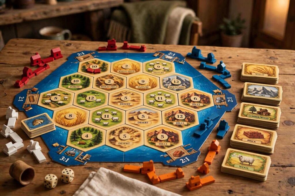 Catan board game setup with hexagonal tiles, resource cards, and player pieces
