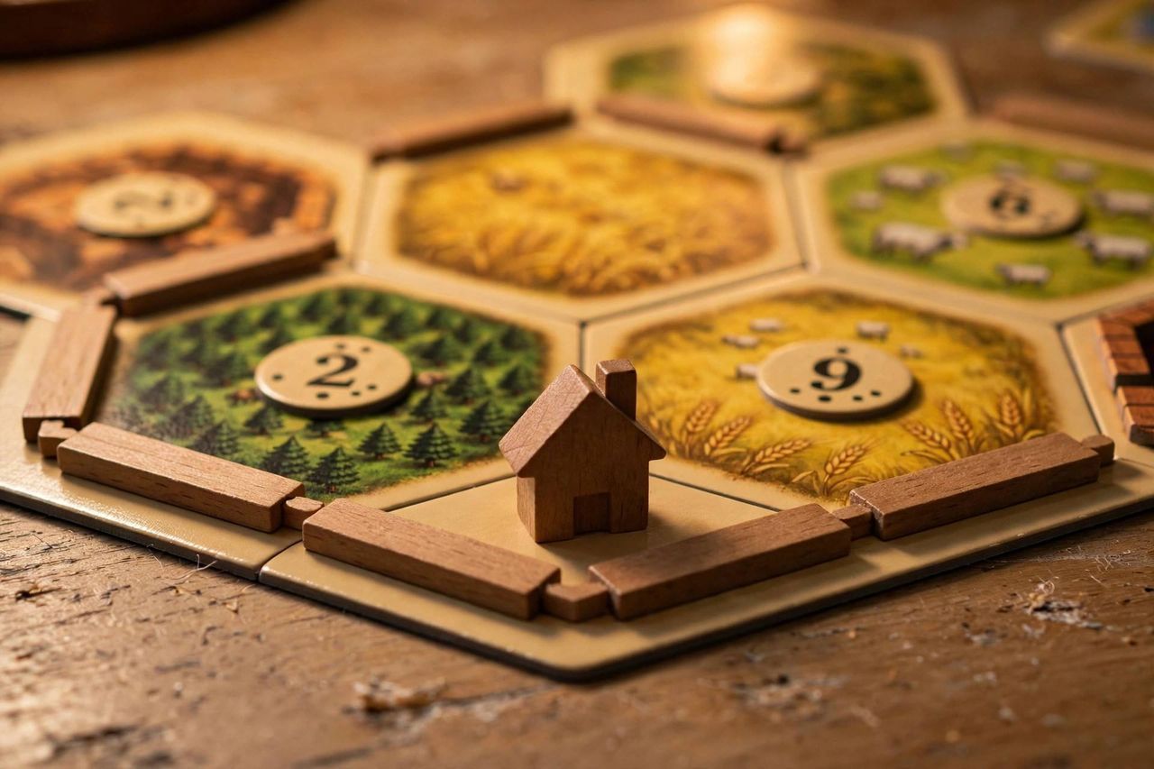 Close-up of Catan settlement placement on tile intersections