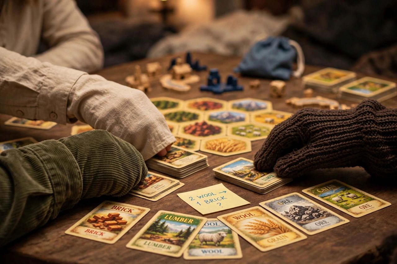 Player arranging Catan resource cards during trading phase