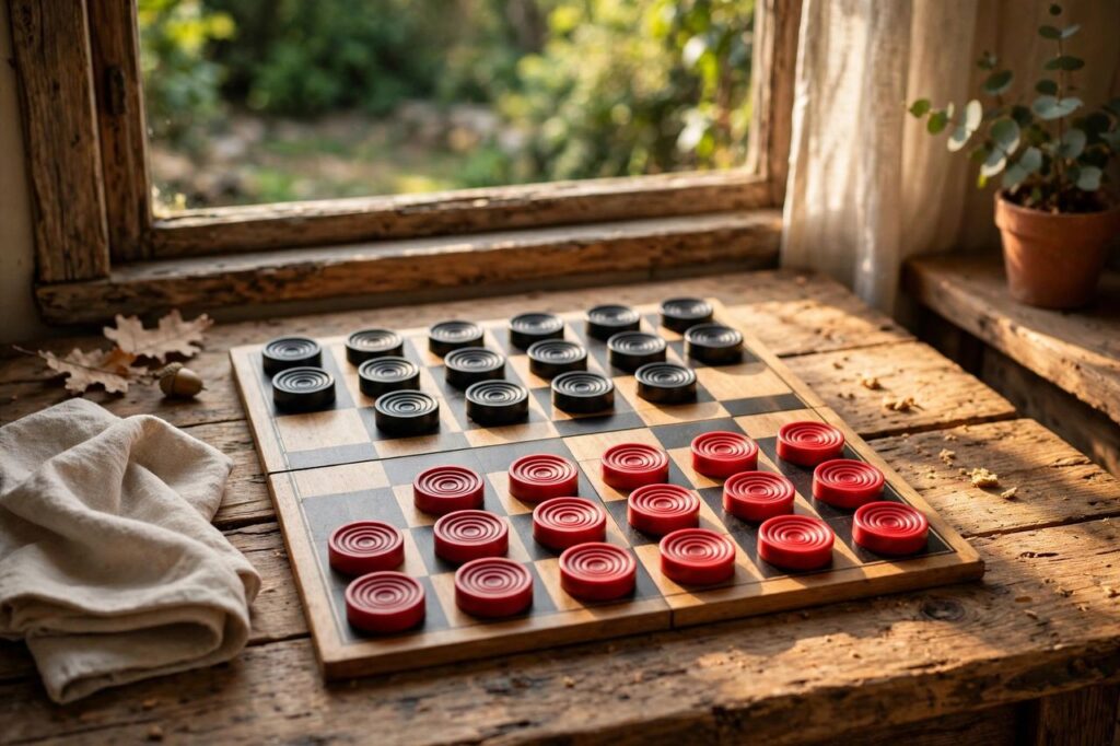 Checkers board setup with red and black pieces in starting position