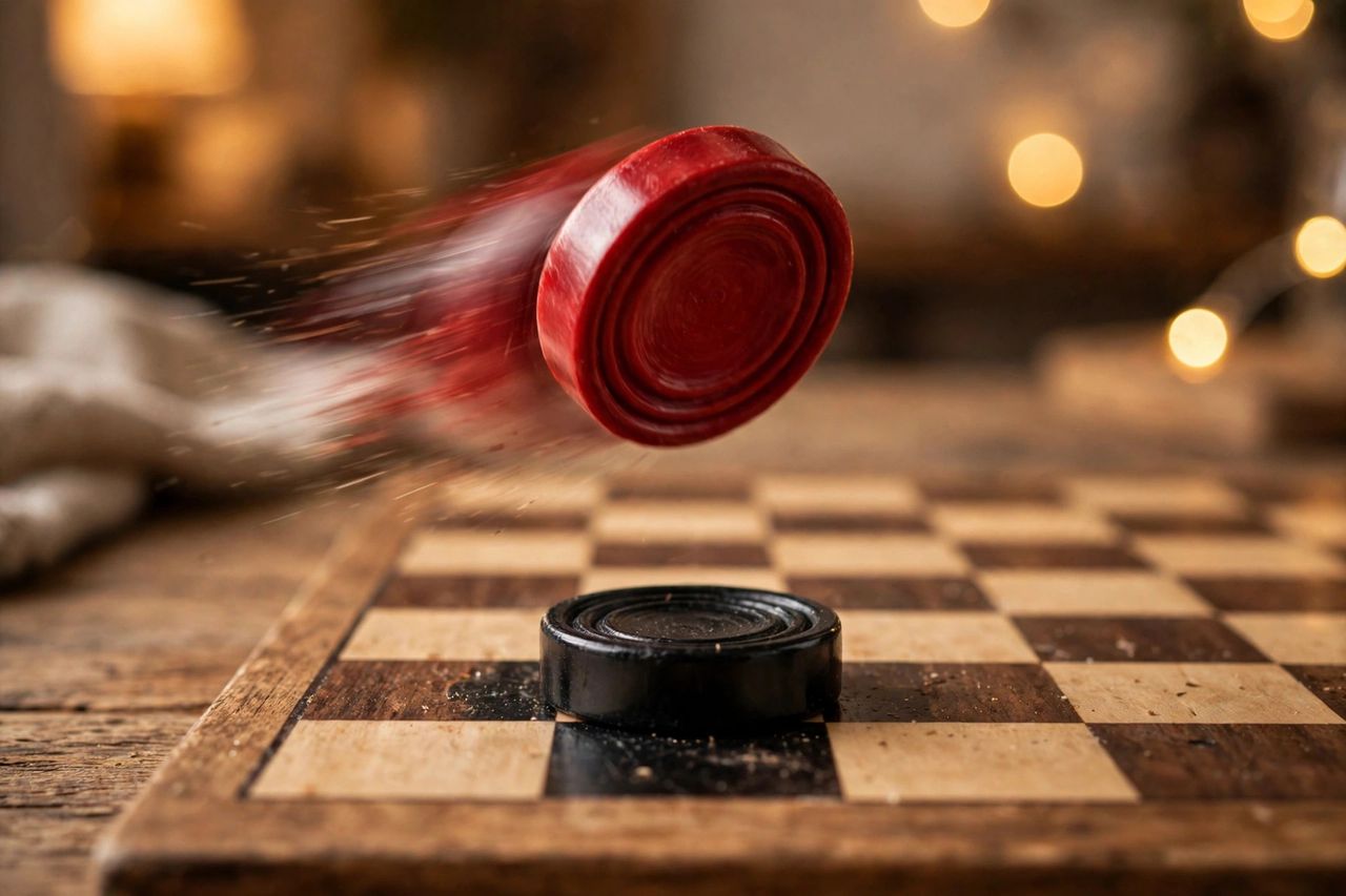Checkers piece mid-jump capturing an opponent piece