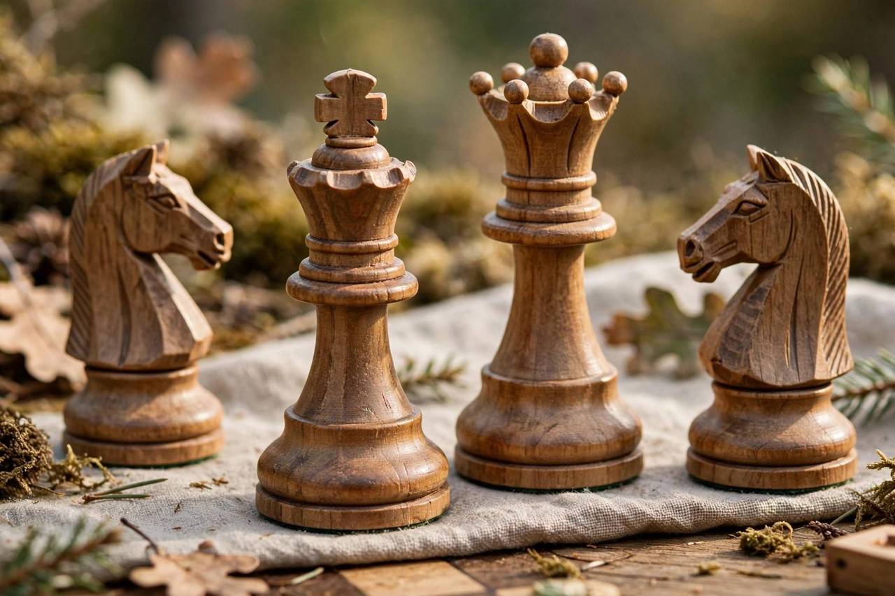 Close-up of chess pieces showing the king queen and knights