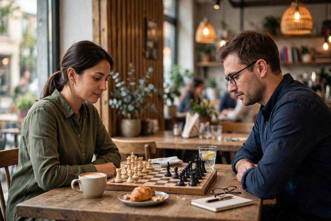Two people playing chess across a wooden table in a cafe