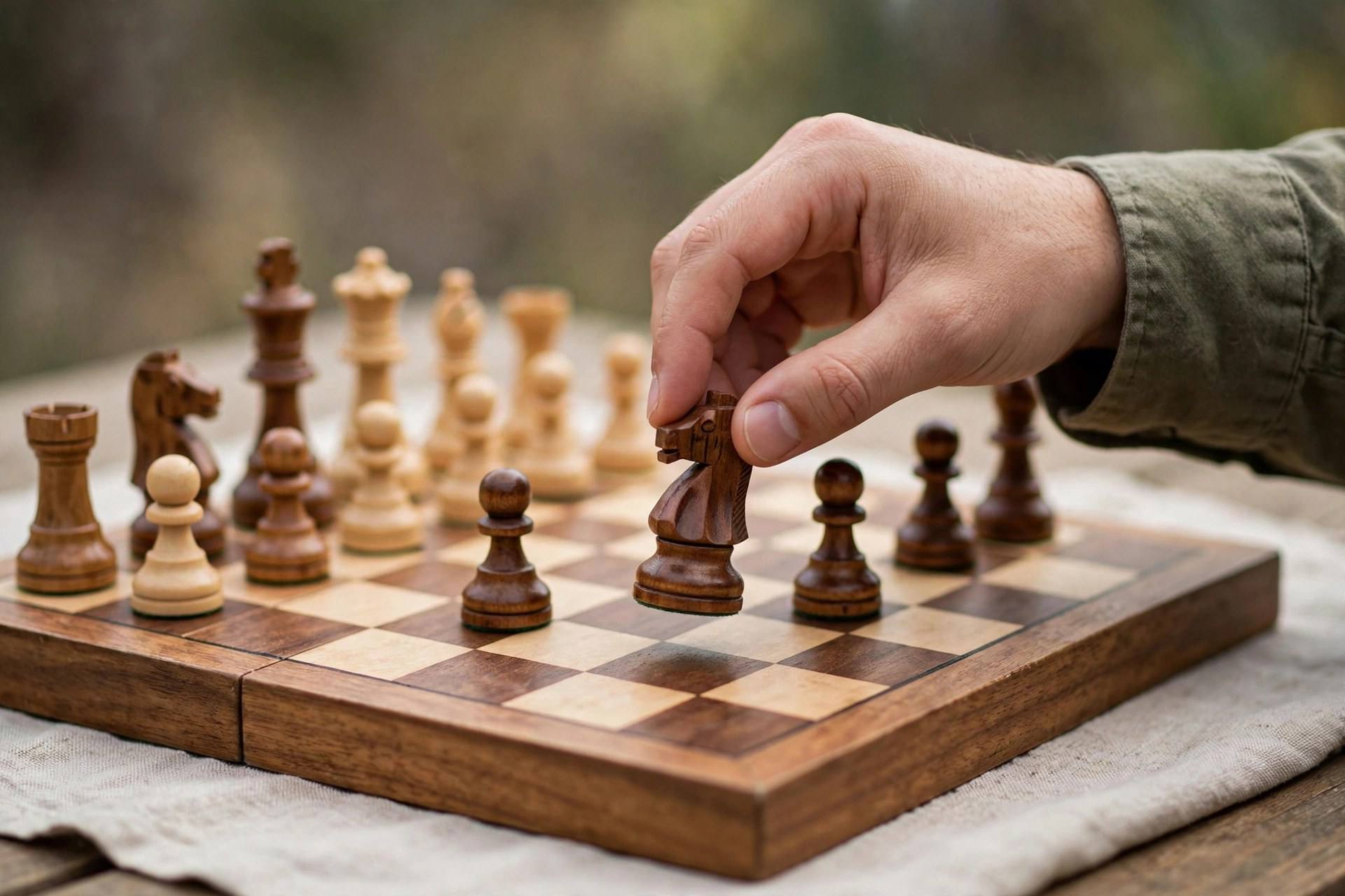 Hand moving a chess knight piece during a game