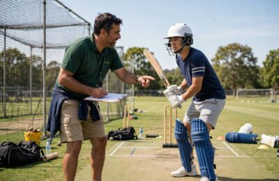 Beginner learning proper cricket batting stance with a coach