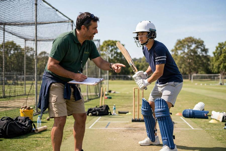 Beginner learning proper cricket batting stance with a coach