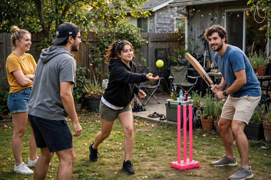 Friends playing casual backyard cricket with a tennis ball